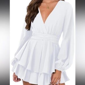 Women's White Long Sleeve V-Neck Wrap Dress